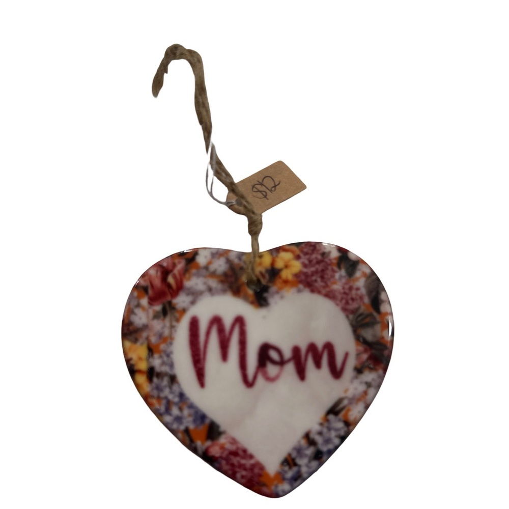 Heart Shaped Floral Ceramic “Mom” Ornament Hanging Gift Tag Keepsake
